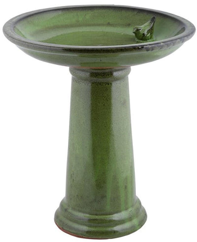 Ceramic Bird Bath On Pedestal Green
